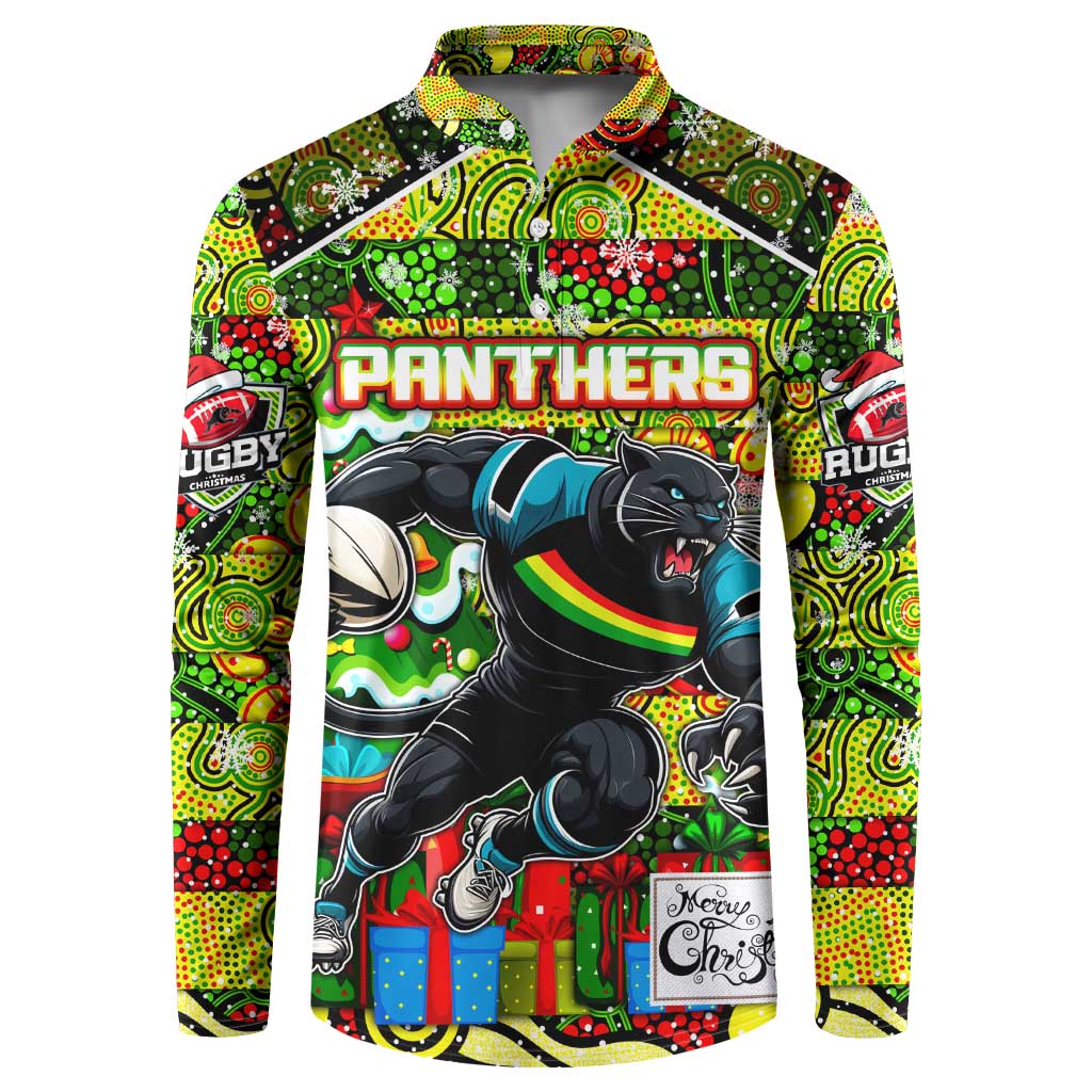 Custom Panthers Rugby Merry Christmas Button Sweatshirt Indigenous Australian Art