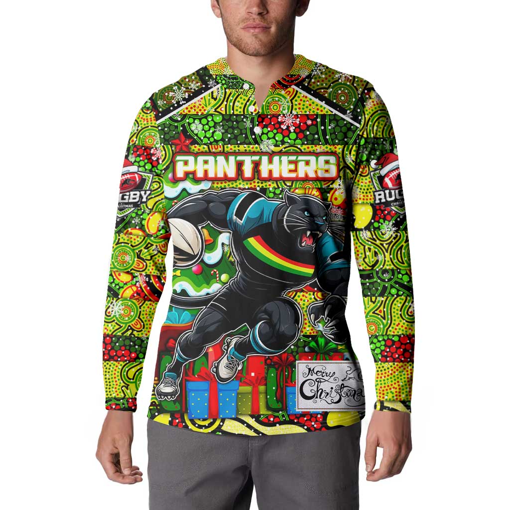 Custom Panthers Rugby Merry Christmas Button Sweatshirt Indigenous Australian Art