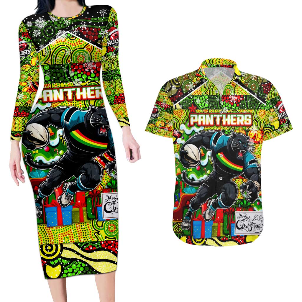 Custom Panthers Rugby Merry Christmas Couples Matching Long Sleeve Bodycon Dress and Hawaiian Shirt Indigenous Australian Art