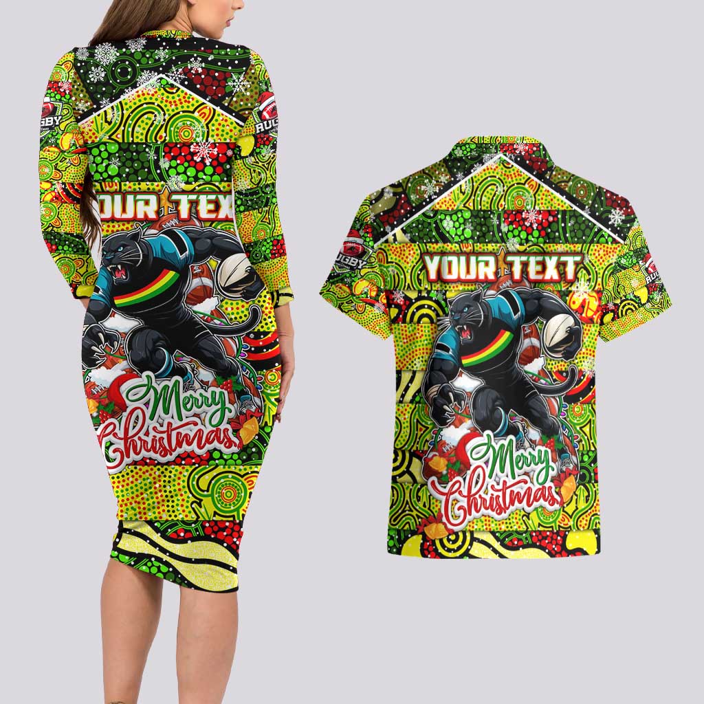 Custom Panthers Rugby Merry Christmas Couples Matching Long Sleeve Bodycon Dress and Hawaiian Shirt Indigenous Australian Art