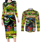 Custom Panthers Rugby Merry Christmas Couples Matching Long Sleeve Bodycon Dress and Long Sleeve Button Shirt Indigenous Australian Art