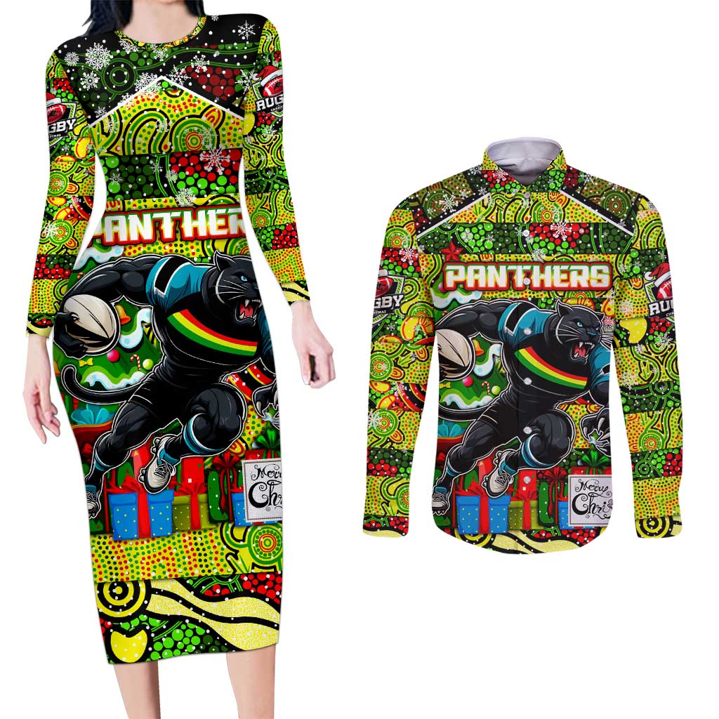 Custom Panthers Rugby Merry Christmas Couples Matching Long Sleeve Bodycon Dress and Long Sleeve Button Shirt Indigenous Australian Art