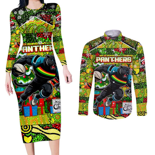 Custom Panthers Rugby Merry Christmas Couples Matching Long Sleeve Bodycon Dress and Long Sleeve Button Shirt Indigenous Australian Art