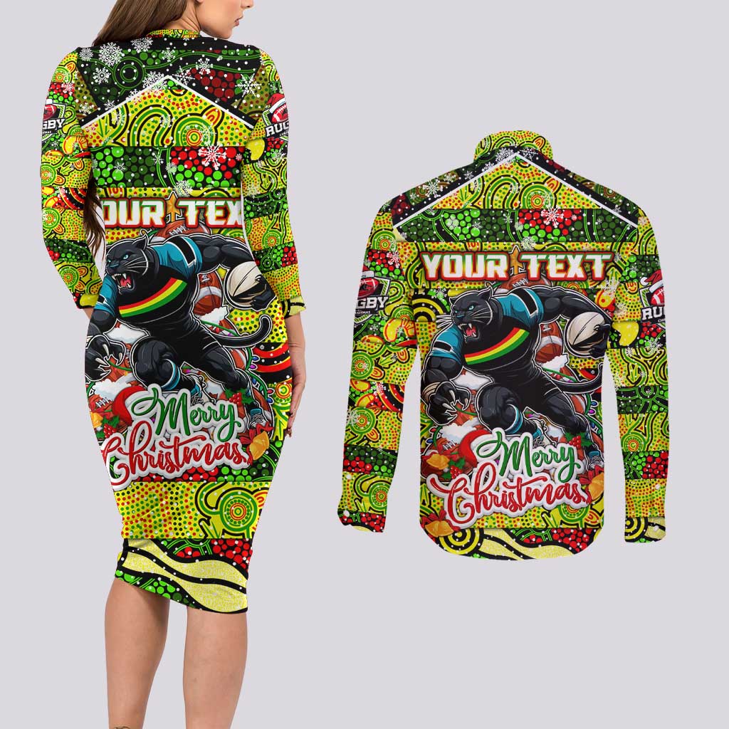 Custom Panthers Rugby Merry Christmas Couples Matching Long Sleeve Bodycon Dress and Long Sleeve Button Shirt Indigenous Australian Art