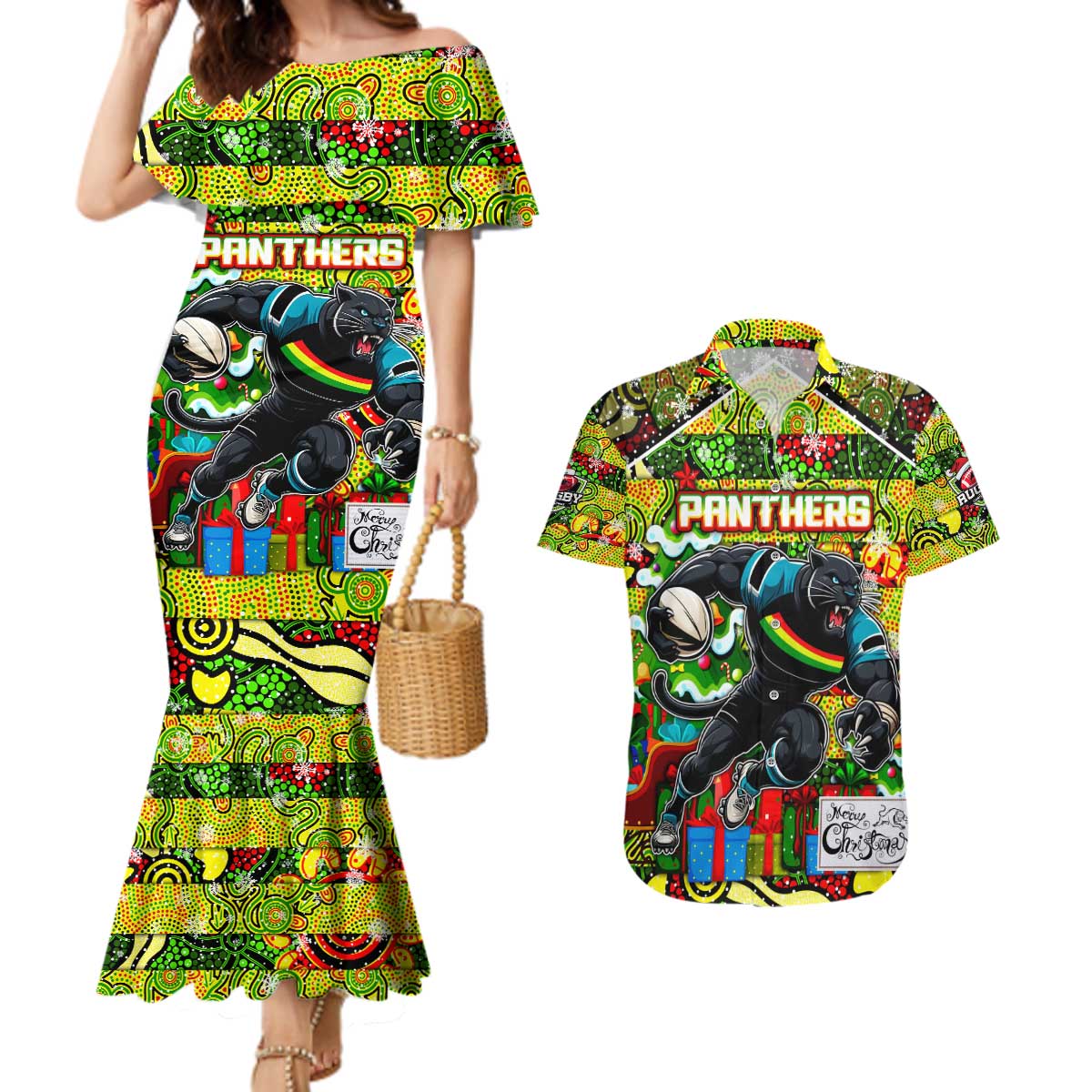 Custom Panthers Rugby Merry Christmas Couples Matching Mermaid Dress and Hawaiian Shirt Indigenous Australian Art