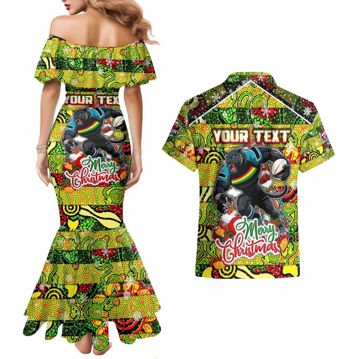 Custom Panthers Rugby Merry Christmas Couples Matching Mermaid Dress and Hawaiian Shirt Indigenous Australian Art
