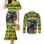 Custom Panthers Rugby Merry Christmas Couples Matching Mermaid Dress and Long Sleeve Button Shirt Indigenous Australian Art