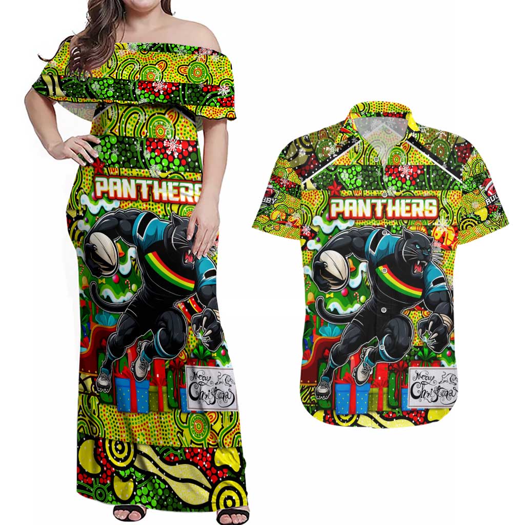 Custom Panthers Rugby Merry Christmas Couples Matching Off Shoulder Maxi Dress and Hawaiian Shirt Indigenous Australian Art