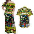 Custom Panthers Rugby Merry Christmas Couples Matching Off Shoulder Maxi Dress and Hawaiian Shirt Indigenous Australian Art