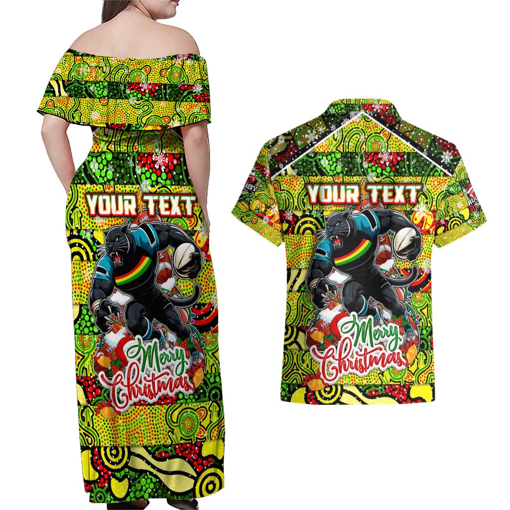 Custom Panthers Rugby Merry Christmas Couples Matching Off Shoulder Maxi Dress and Hawaiian Shirt Indigenous Australian Art