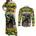 Custom Panthers Rugby Merry Christmas Couples Matching Off Shoulder Maxi Dress and Long Sleeve Button Shirt Indigenous Australian Art
