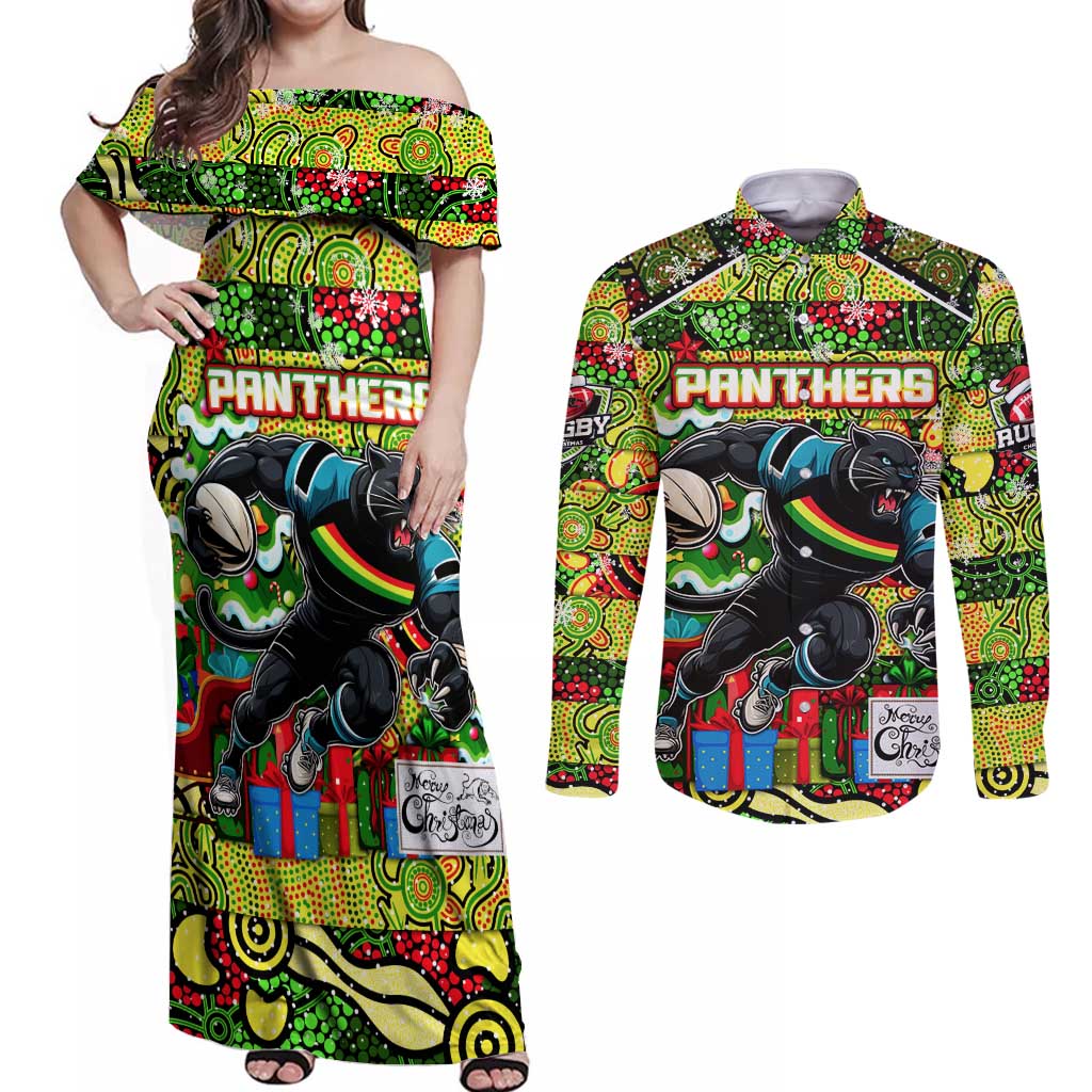 Custom Panthers Rugby Merry Christmas Couples Matching Off Shoulder Maxi Dress and Long Sleeve Button Shirt Indigenous Australian Art