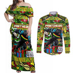 Custom Panthers Rugby Merry Christmas Couples Matching Off Shoulder Maxi Dress and Long Sleeve Button Shirt Indigenous Australian Art