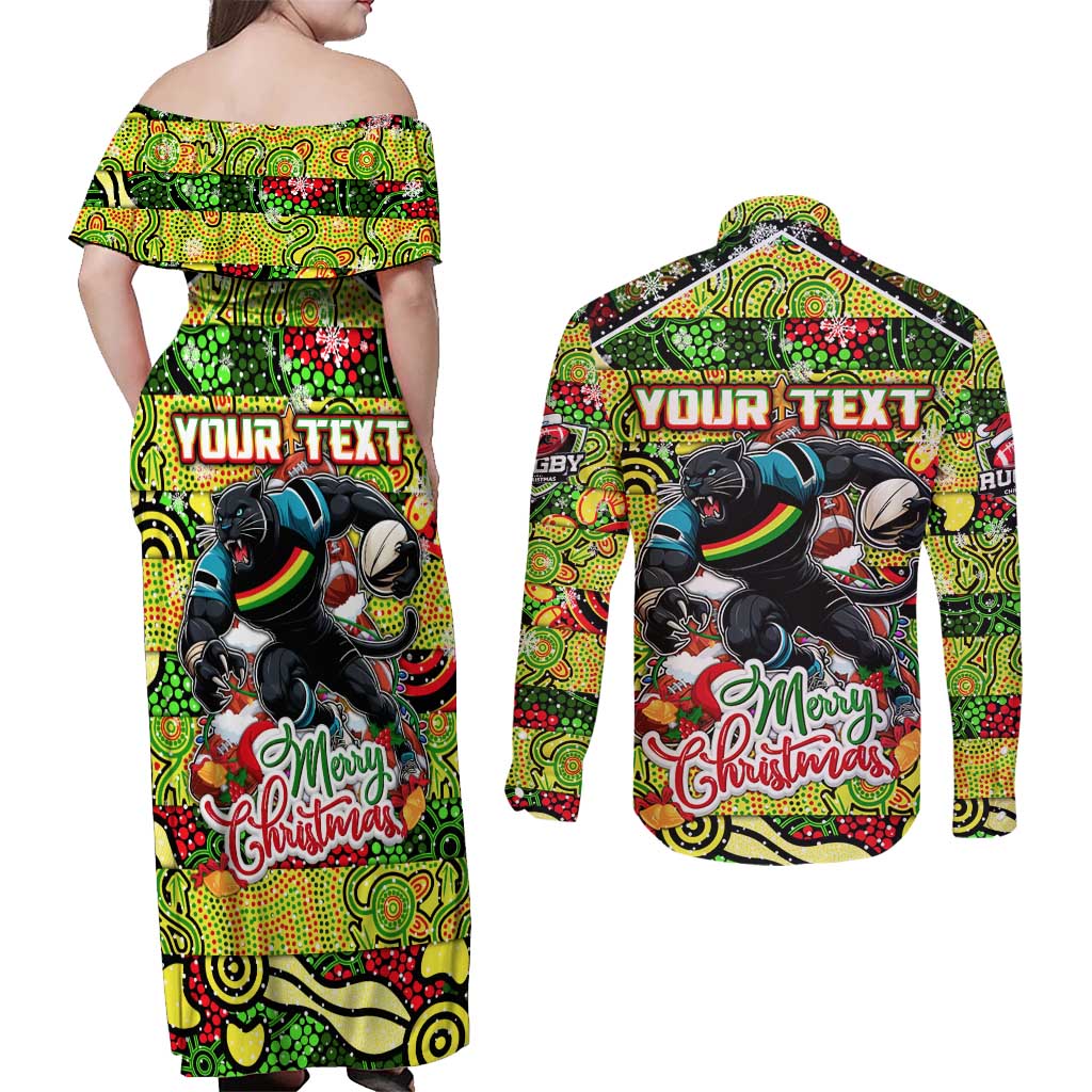 Custom Panthers Rugby Merry Christmas Couples Matching Off Shoulder Maxi Dress and Long Sleeve Button Shirt Indigenous Australian Art