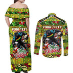 Custom Panthers Rugby Merry Christmas Couples Matching Off Shoulder Maxi Dress and Long Sleeve Button Shirt Indigenous Australian Art