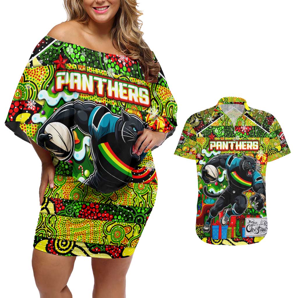 Custom Panthers Rugby Merry Christmas Couples Matching Off Shoulder Short Dress and Hawaiian Shirt Indigenous Australian Art