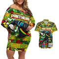 Custom Panthers Rugby Merry Christmas Couples Matching Off Shoulder Short Dress and Hawaiian Shirt Indigenous Australian Art