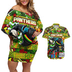 Custom Panthers Rugby Merry Christmas Couples Matching Off Shoulder Short Dress and Hawaiian Shirt Indigenous Australian Art