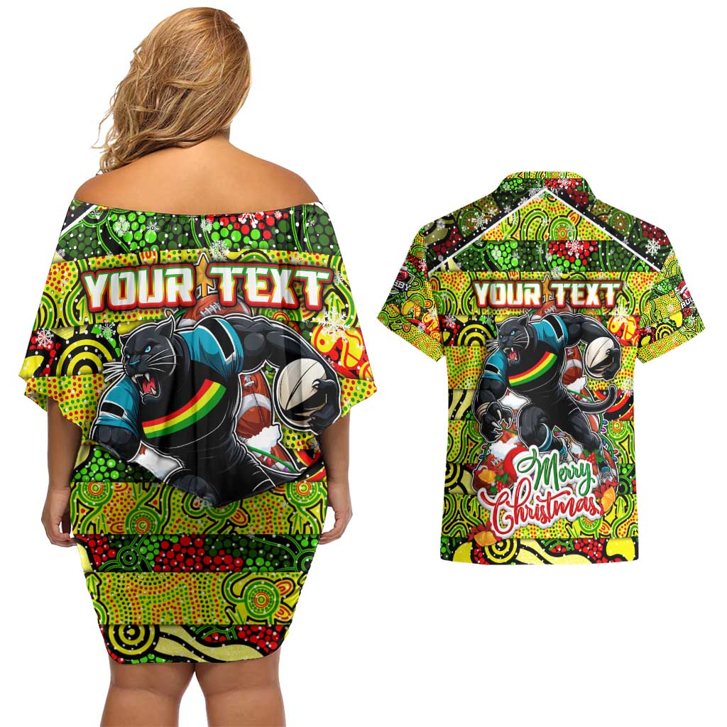 Custom Panthers Rugby Merry Christmas Couples Matching Off Shoulder Short Dress and Hawaiian Shirt Indigenous Australian Art