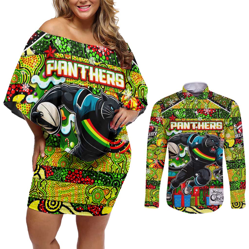 Custom Panthers Rugby Merry Christmas Couples Matching Off Shoulder Short Dress and Long Sleeve Button Shirt Indigenous Australian Art