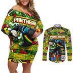 Custom Panthers Rugby Merry Christmas Couples Matching Off Shoulder Short Dress and Long Sleeve Button Shirt Indigenous Australian Art