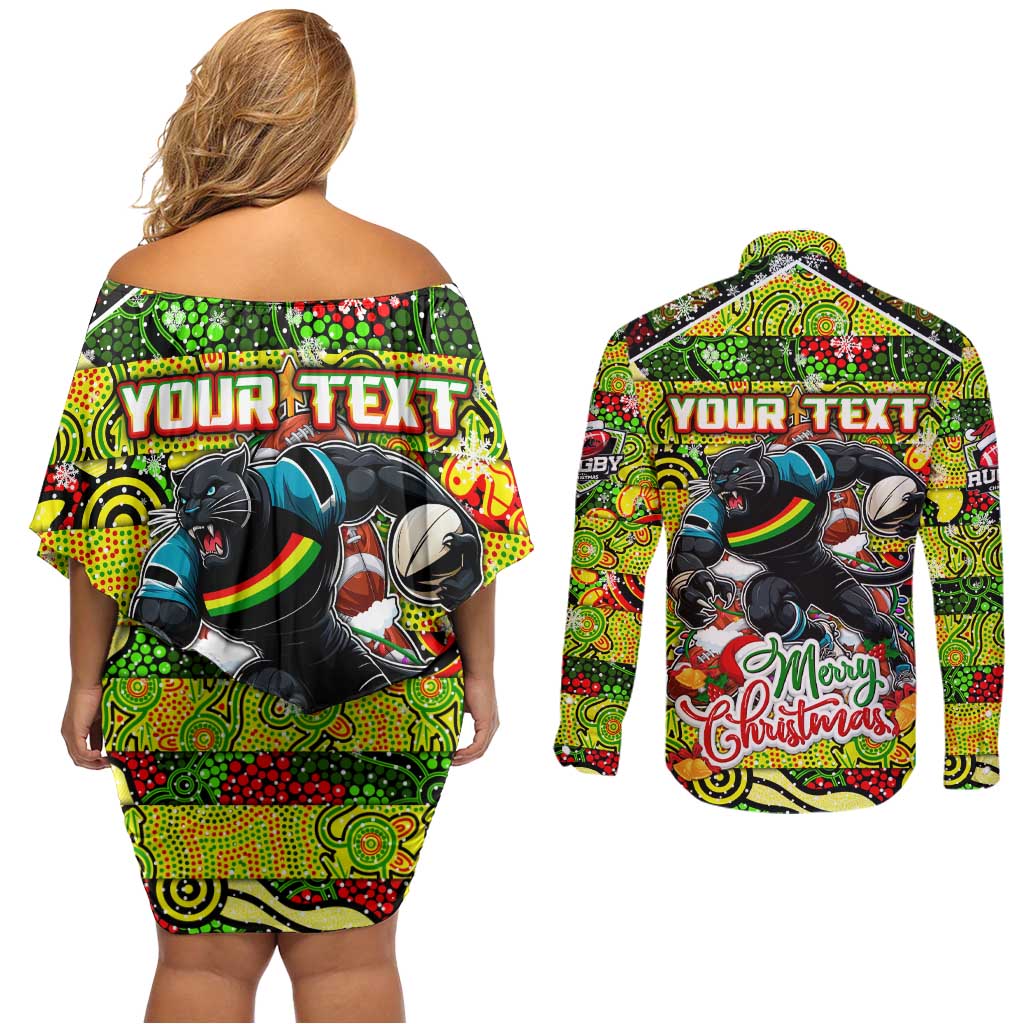 Custom Panthers Rugby Merry Christmas Couples Matching Off Shoulder Short Dress and Long Sleeve Button Shirt Indigenous Australian Art