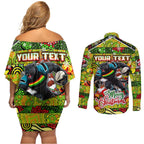 Custom Panthers Rugby Merry Christmas Couples Matching Off Shoulder Short Dress and Long Sleeve Button Shirt Indigenous Australian Art