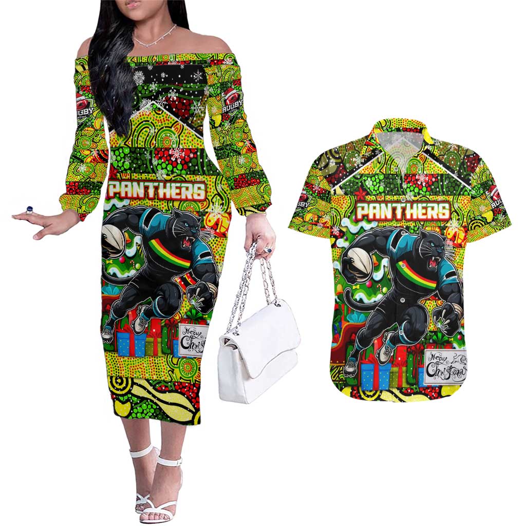 Custom Panthers Rugby Merry Christmas Couples Matching Off The Shoulder Long Sleeve Dress and Hawaiian Shirt Indigenous Australian Art
