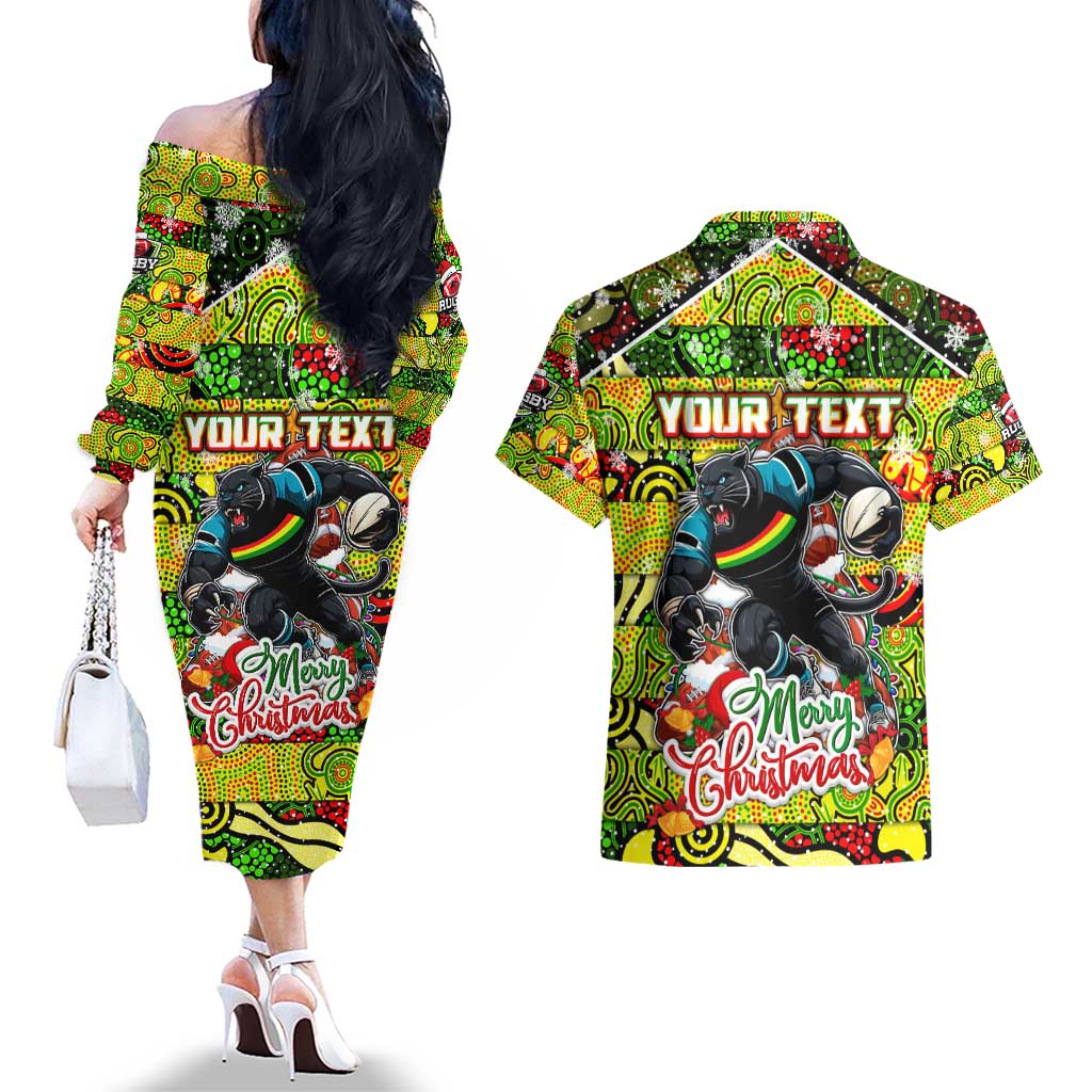 Custom Panthers Rugby Merry Christmas Couples Matching Off The Shoulder Long Sleeve Dress and Hawaiian Shirt Indigenous Australian Art