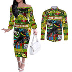 Custom Panthers Rugby Merry Christmas Couples Matching Off The Shoulder Long Sleeve Dress and Long Sleeve Button Shirt Indigenous Australian Art