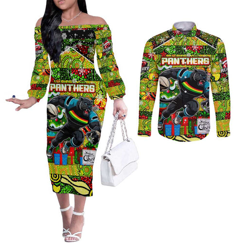 Custom Panthers Rugby Merry Christmas Couples Matching Off The Shoulder Long Sleeve Dress and Long Sleeve Button Shirt Indigenous Australian Art