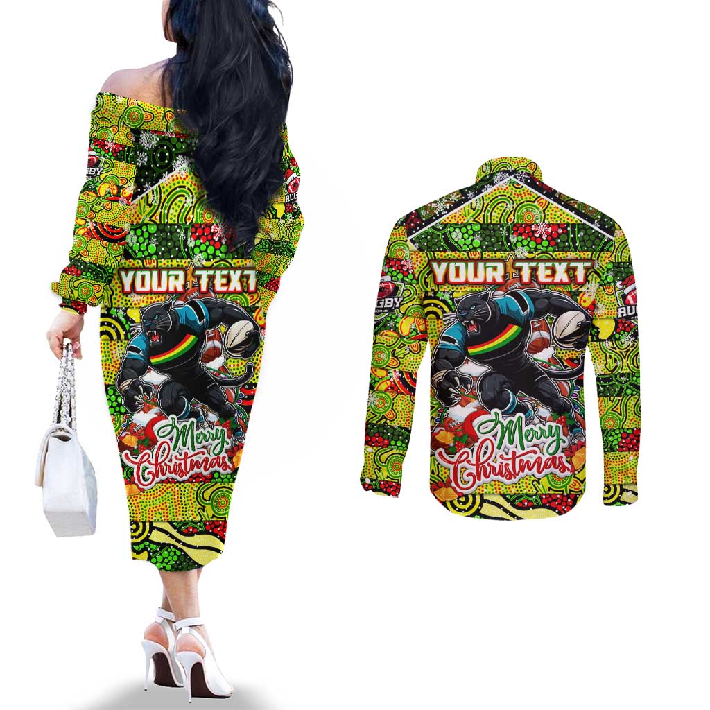 Custom Panthers Rugby Merry Christmas Couples Matching Off The Shoulder Long Sleeve Dress and Long Sleeve Button Shirt Indigenous Australian Art