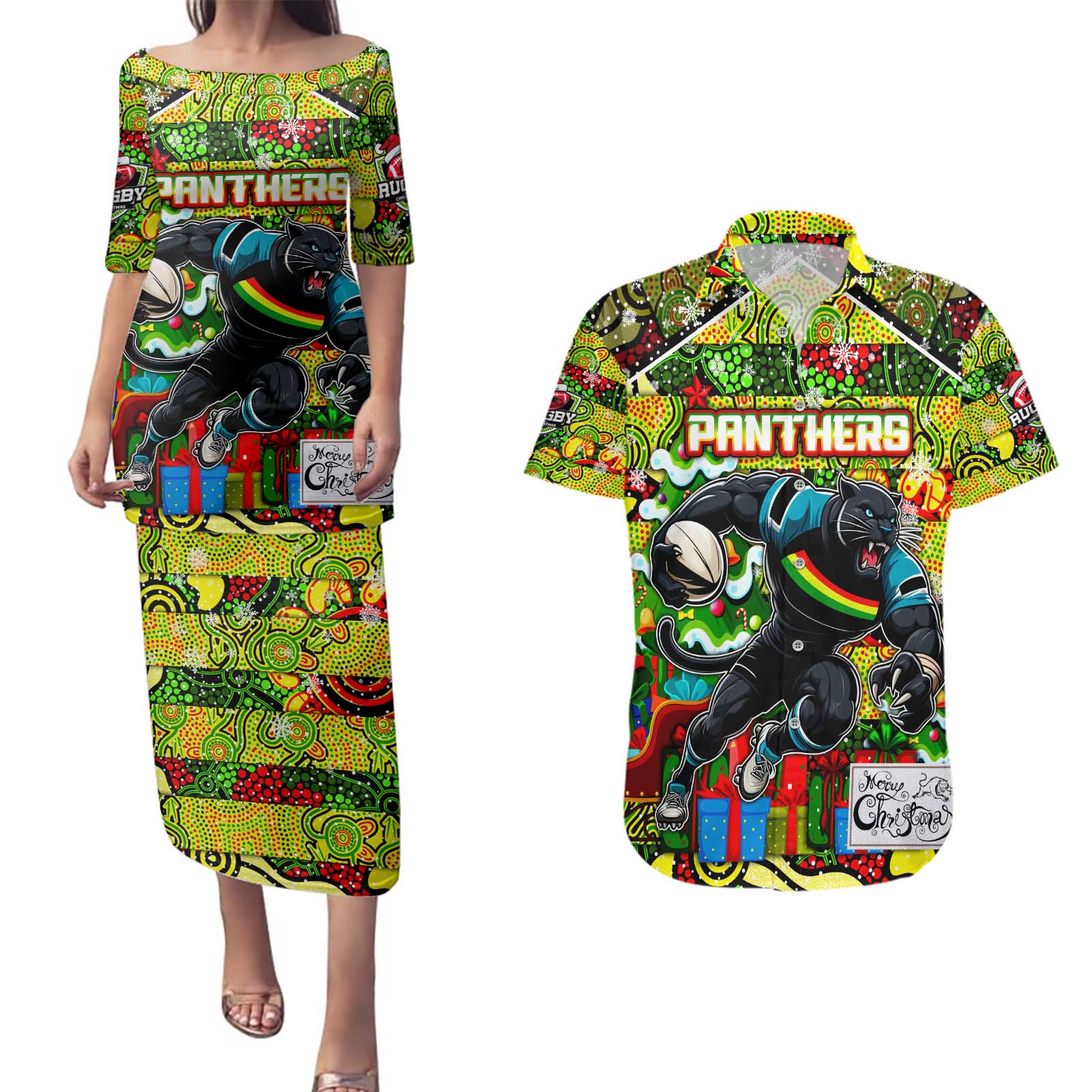 Custom Panthers Rugby Merry Christmas Couples Matching Puletasi and Hawaiian Shirt Indigenous Australian Art