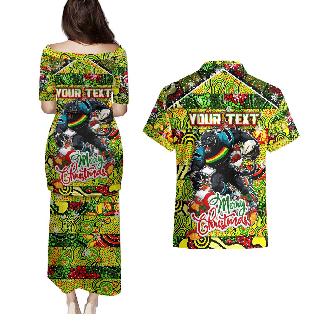 Custom Panthers Rugby Merry Christmas Couples Matching Puletasi and Hawaiian Shirt Indigenous Australian Art