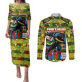 Custom Panthers Rugby Merry Christmas Couples Matching Puletasi and Long Sleeve Button Shirt Indigenous Australian Art