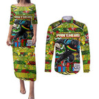 Custom Panthers Rugby Merry Christmas Couples Matching Puletasi and Long Sleeve Button Shirt Indigenous Australian Art