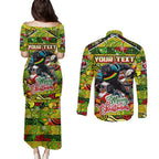 Custom Panthers Rugby Merry Christmas Couples Matching Puletasi and Long Sleeve Button Shirt Indigenous Australian Art