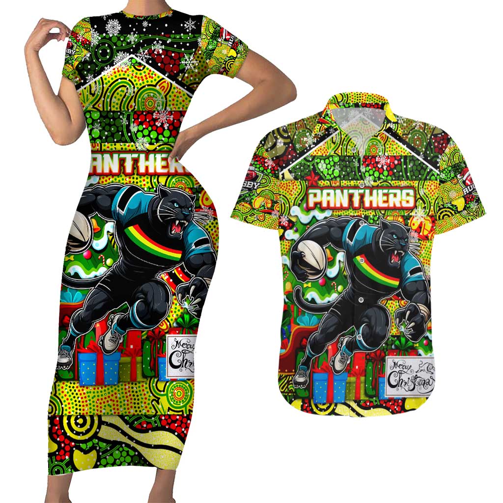 Custom Panthers Rugby Merry Christmas Couples Matching Short Sleeve Bodycon Dress and Hawaiian Shirt Indigenous Australian Art