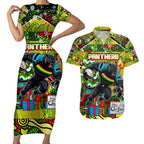 Custom Panthers Rugby Merry Christmas Couples Matching Short Sleeve Bodycon Dress and Hawaiian Shirt Indigenous Australian Art