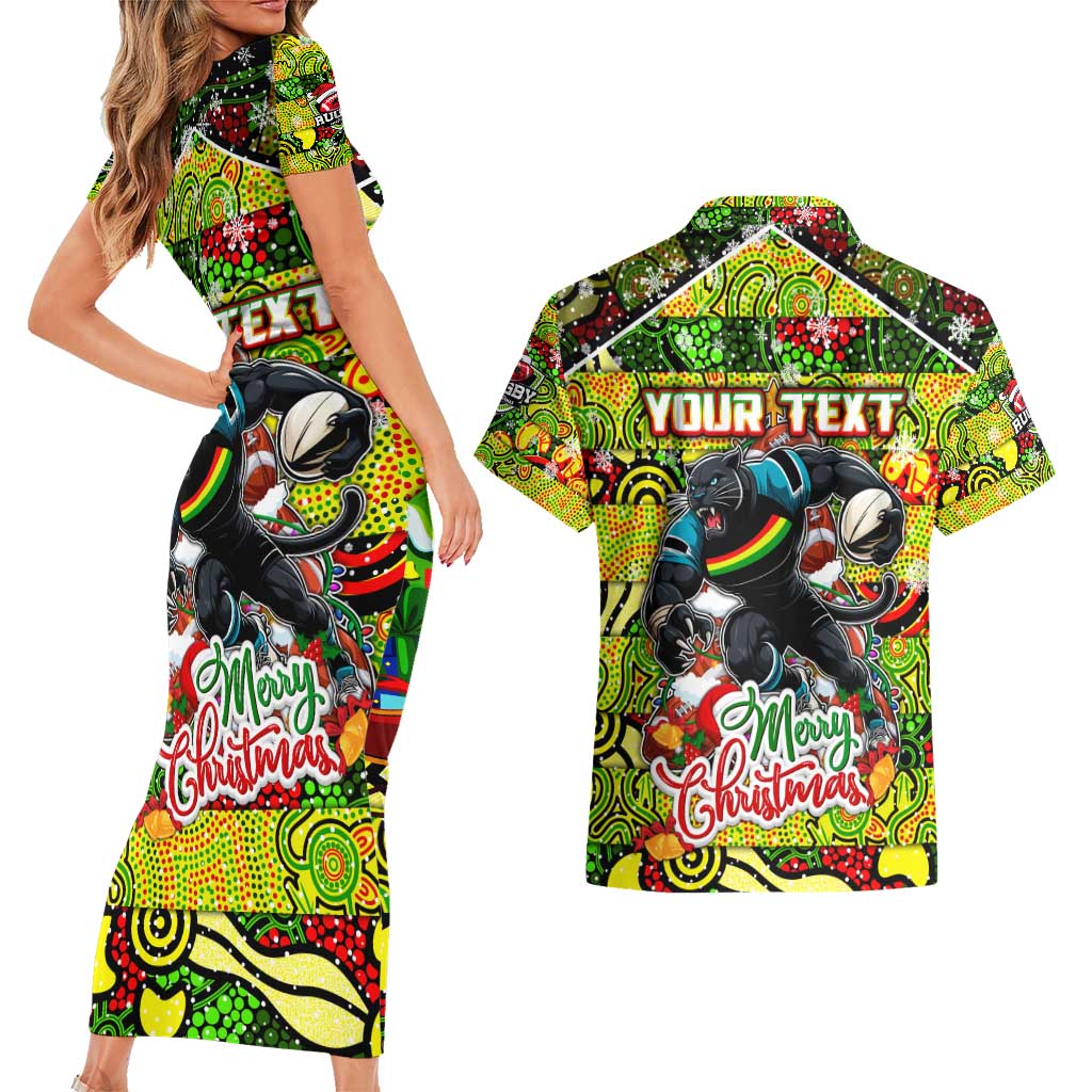 Custom Panthers Rugby Merry Christmas Couples Matching Short Sleeve Bodycon Dress and Hawaiian Shirt Indigenous Australian Art