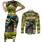 Custom Panthers Rugby Merry Christmas Couples Matching Short Sleeve Bodycon Dress and Long Sleeve Button Shirt Indigenous Australian Art