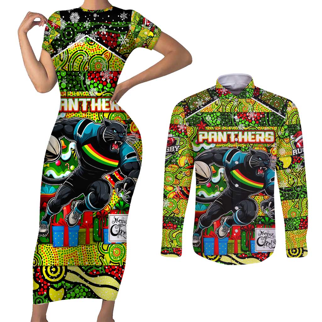 Custom Panthers Rugby Merry Christmas Couples Matching Short Sleeve Bodycon Dress and Long Sleeve Button Shirt Indigenous Australian Art