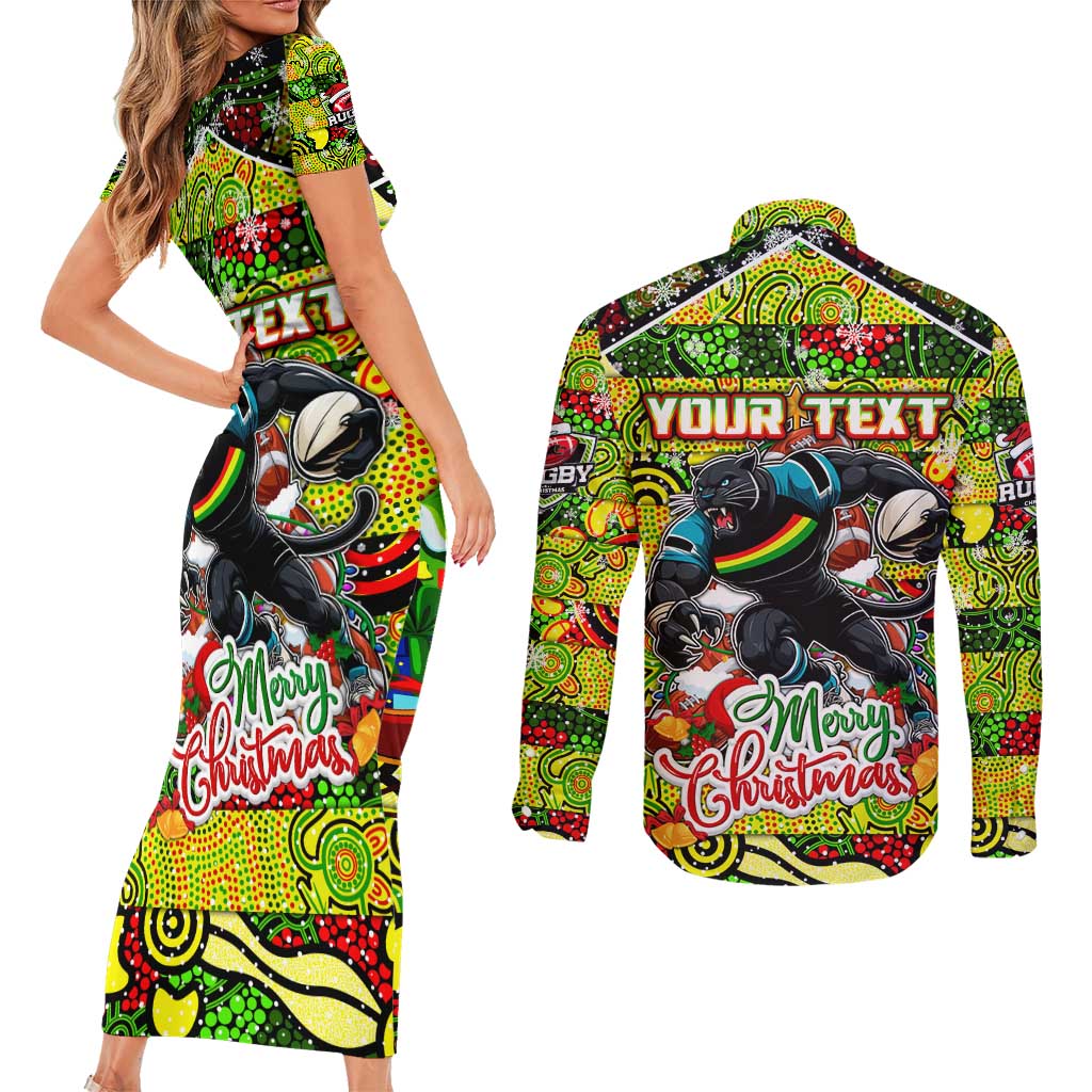 Custom Panthers Rugby Merry Christmas Couples Matching Short Sleeve Bodycon Dress and Long Sleeve Button Shirt Indigenous Australian Art