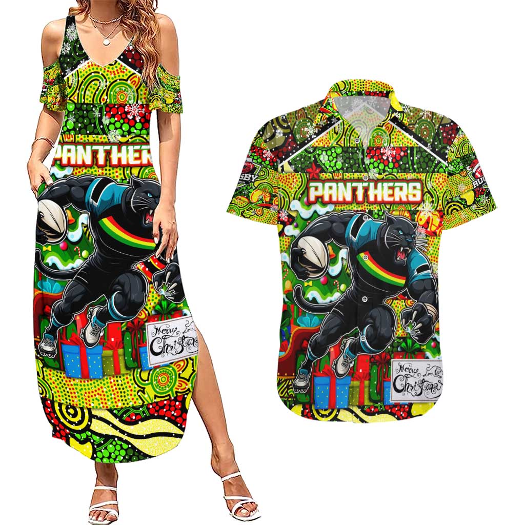 Custom Panthers Rugby Merry Christmas Couples Matching Summer Maxi Dress and Hawaiian Shirt Indigenous Australian Art