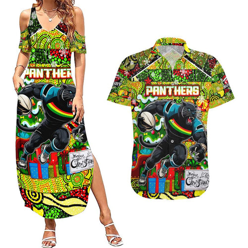 Custom Panthers Rugby Merry Christmas Couples Matching Summer Maxi Dress and Hawaiian Shirt Indigenous Australian Art