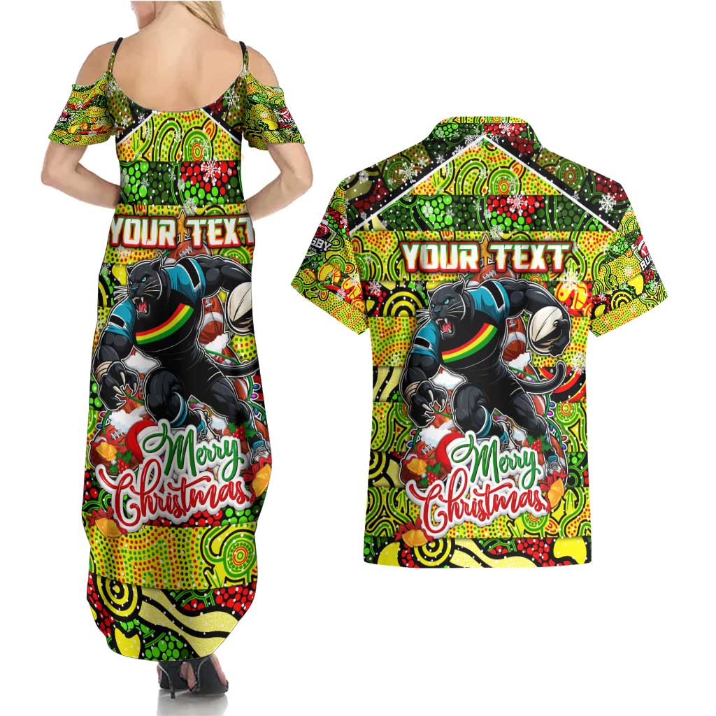 Custom Panthers Rugby Merry Christmas Couples Matching Summer Maxi Dress and Hawaiian Shirt Indigenous Australian Art