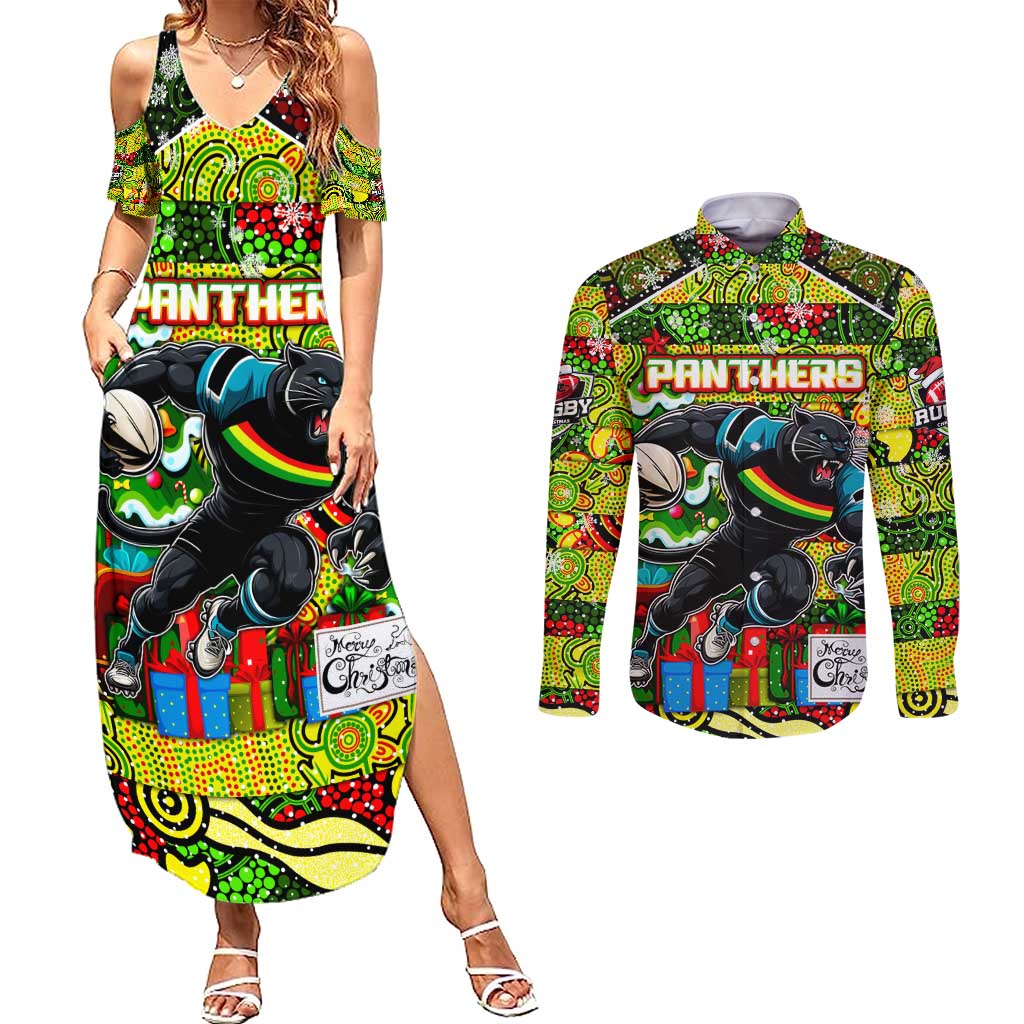 Custom Panthers Rugby Merry Christmas Couples Matching Summer Maxi Dress and Long Sleeve Button Shirt Indigenous Australian Art