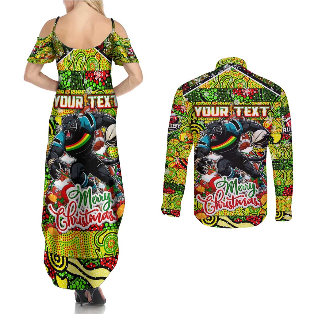 Custom Panthers Rugby Merry Christmas Couples Matching Summer Maxi Dress and Long Sleeve Button Shirt Indigenous Australian Art