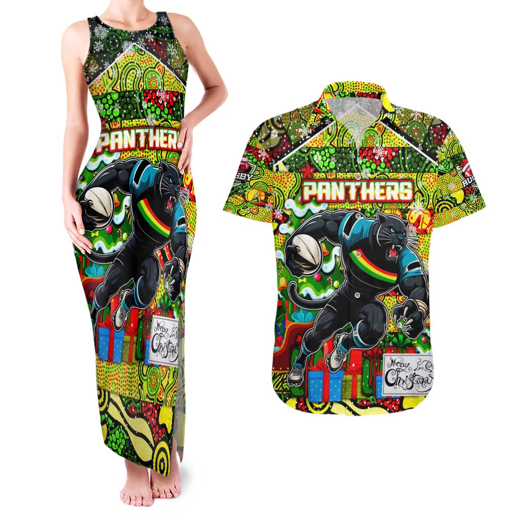 Custom Panthers Rugby Merry Christmas Couples Matching Tank Maxi Dress and Hawaiian Shirt Indigenous Australian Art
