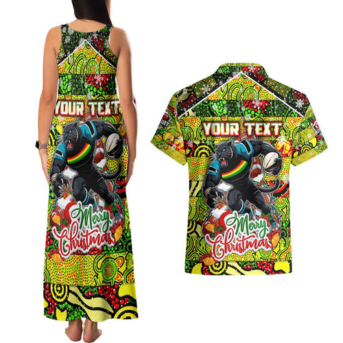 Custom Panthers Rugby Merry Christmas Couples Matching Tank Maxi Dress and Hawaiian Shirt Indigenous Australian Art